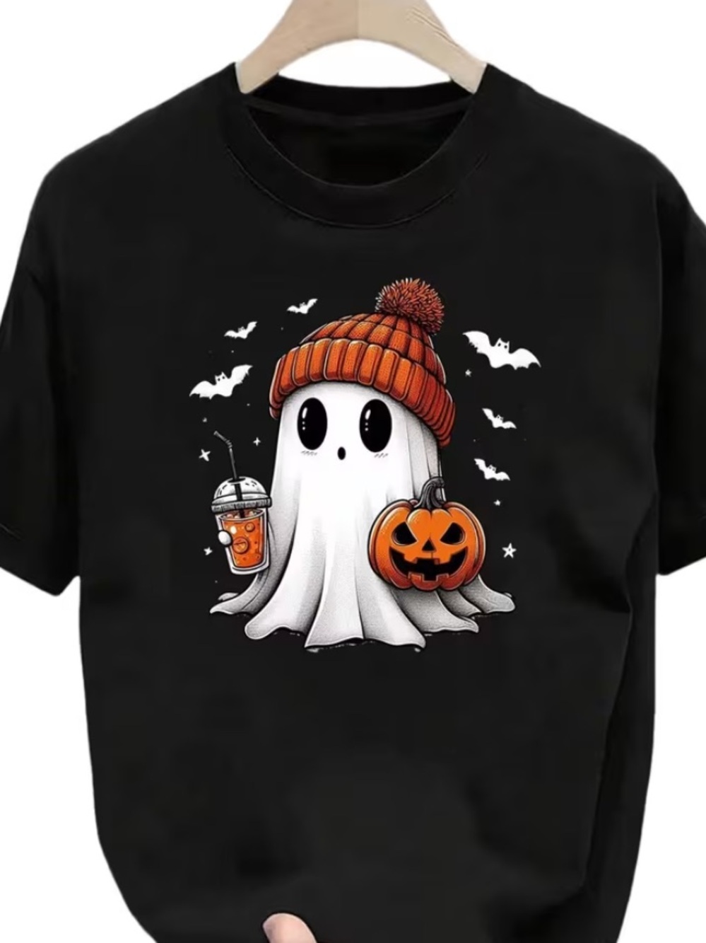 Halloween Cute Ghost with Coffee Oversized Graphic Print Shirt in Black